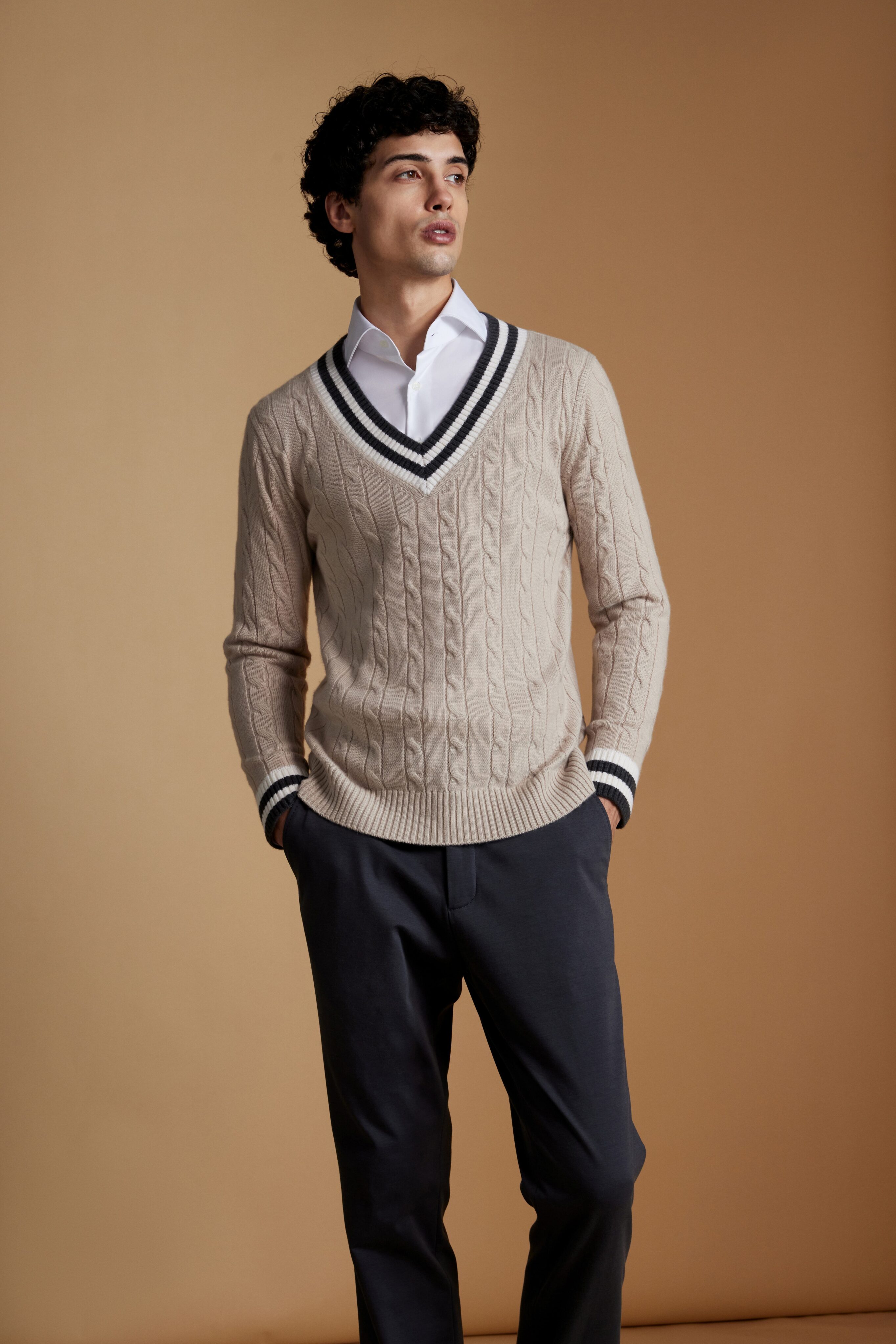 Isaac Ely Cashmere Heavy Cable V-Neck Sweater in Beige