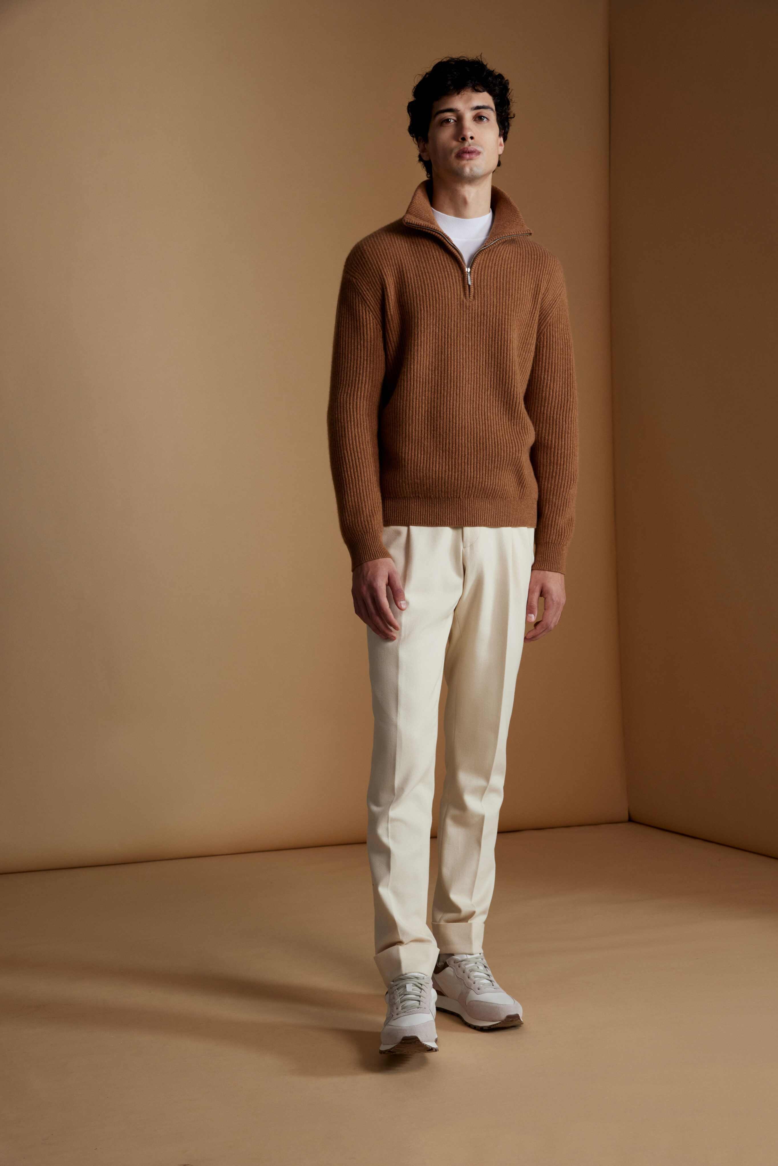 Isaac Ely Cashmere Half Zip Sweater in Modern Rib in Brown