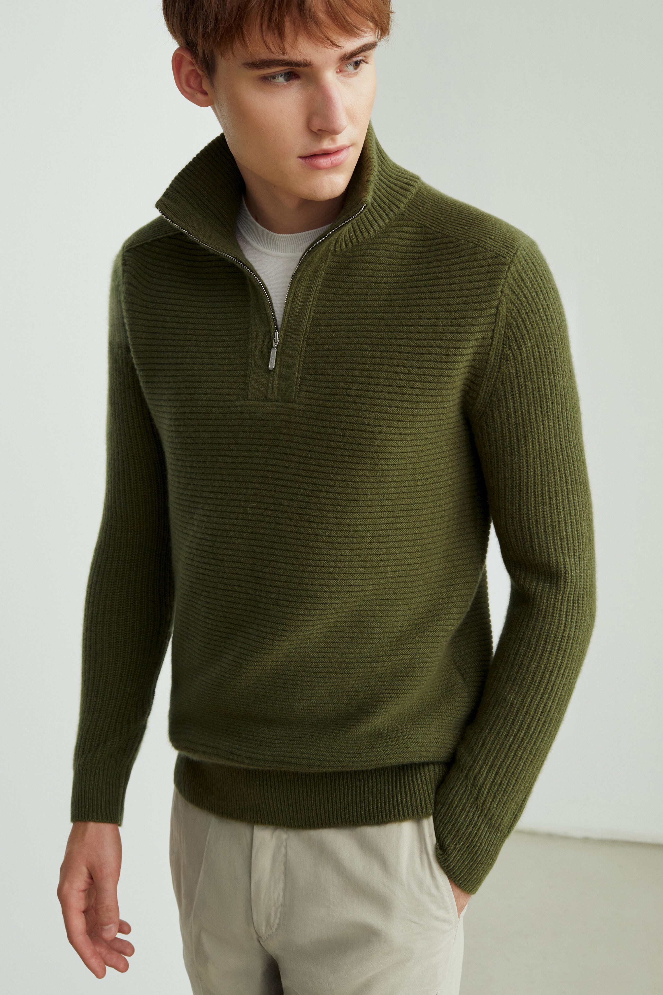 Isaac Ely Cashmere Half Zip Sweater in Modern Rib in Green