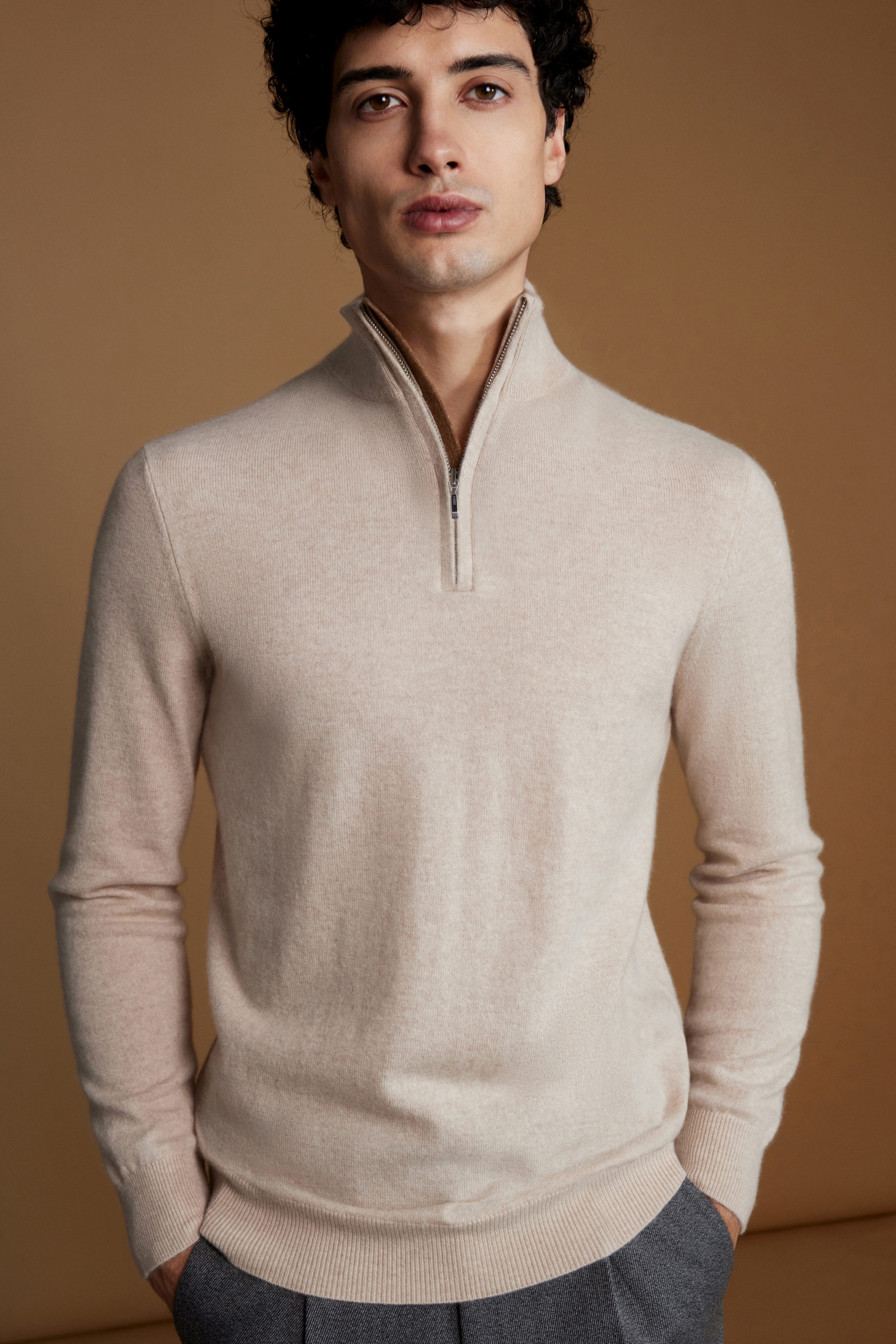 Isaac Ely Cashmere Half Zip Sweater with Contrast Trim in Sand