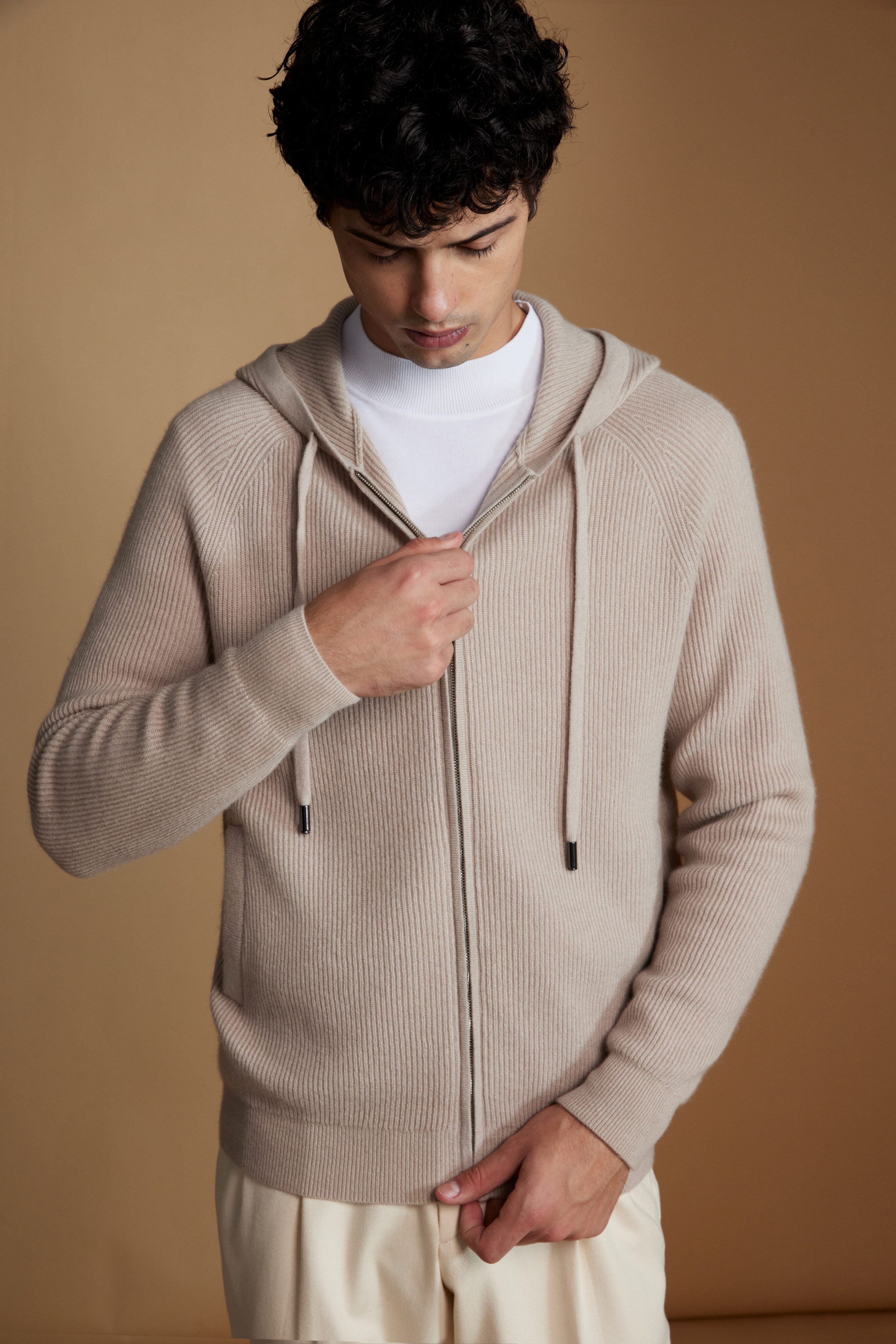 Isaac Ely Cashmere Zip Hoodie with Raglan Sleeves in Beige