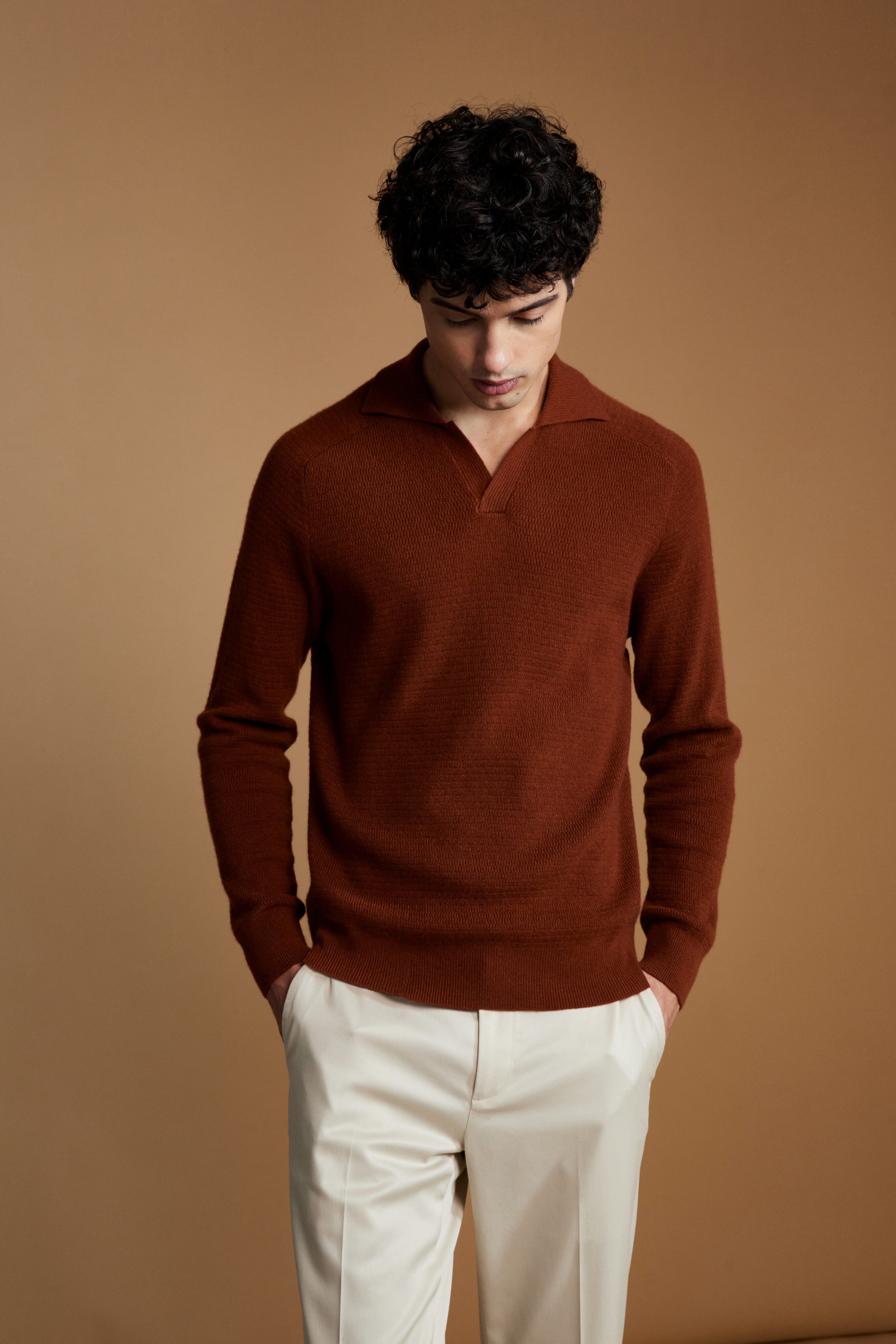 Isaac Ely Cashmere Johnny Collar Sweater in Brown