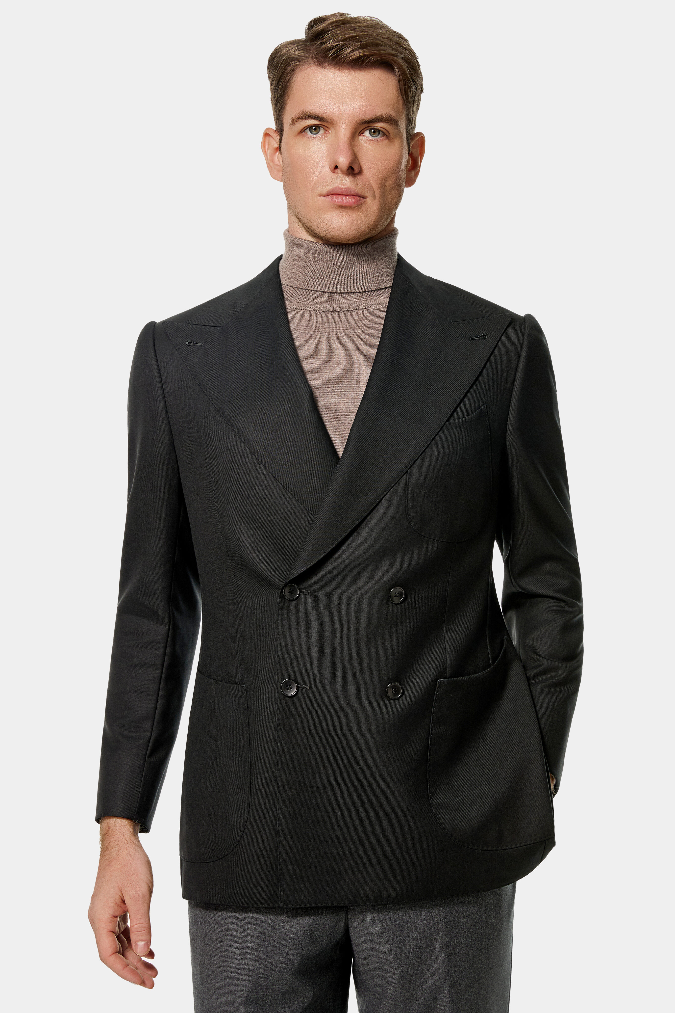 Black 4×2 double-breasted jacket with wide peak lapels — front view.