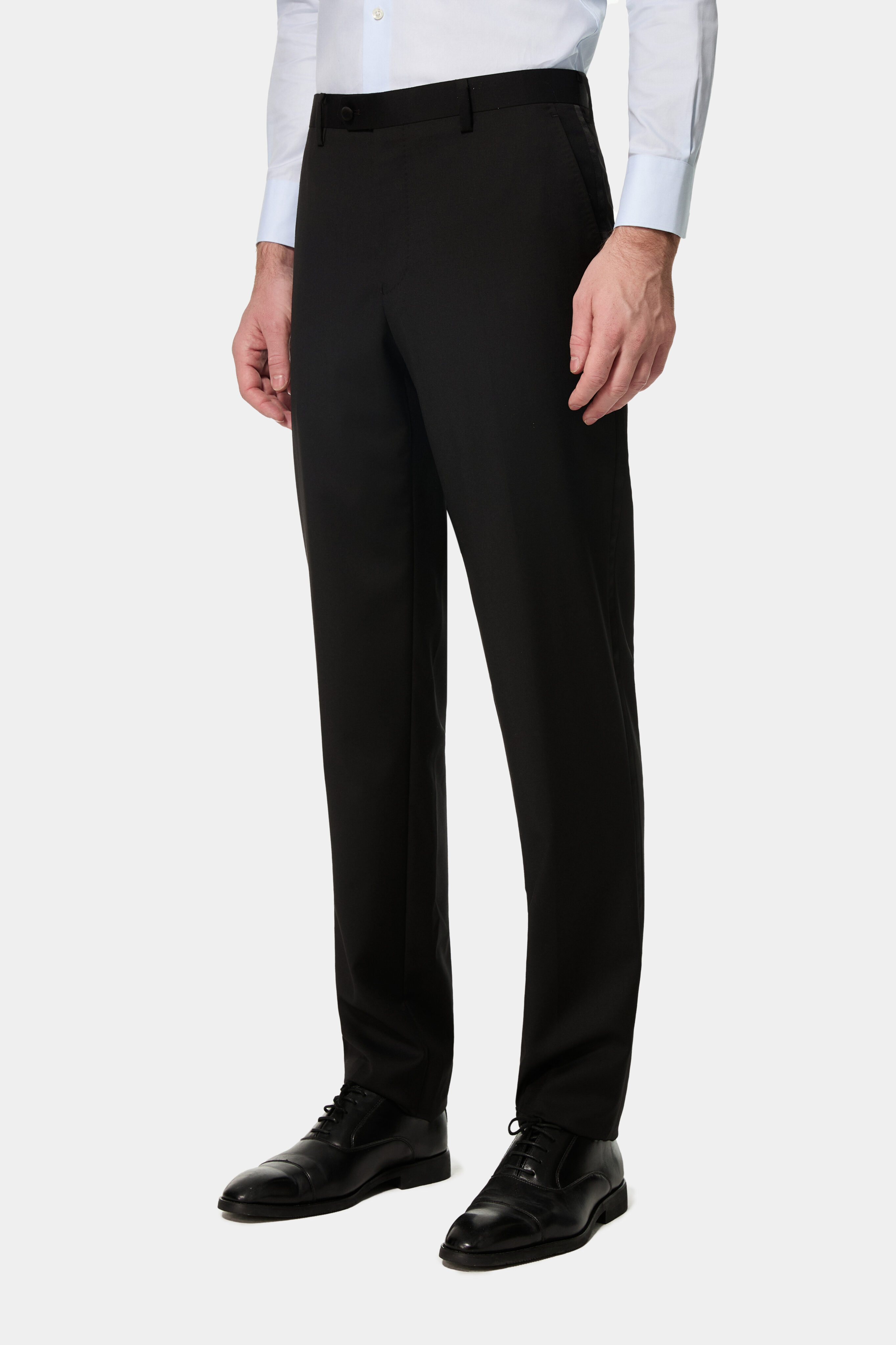 Black Super 150’s tuxedo trousers — front view.