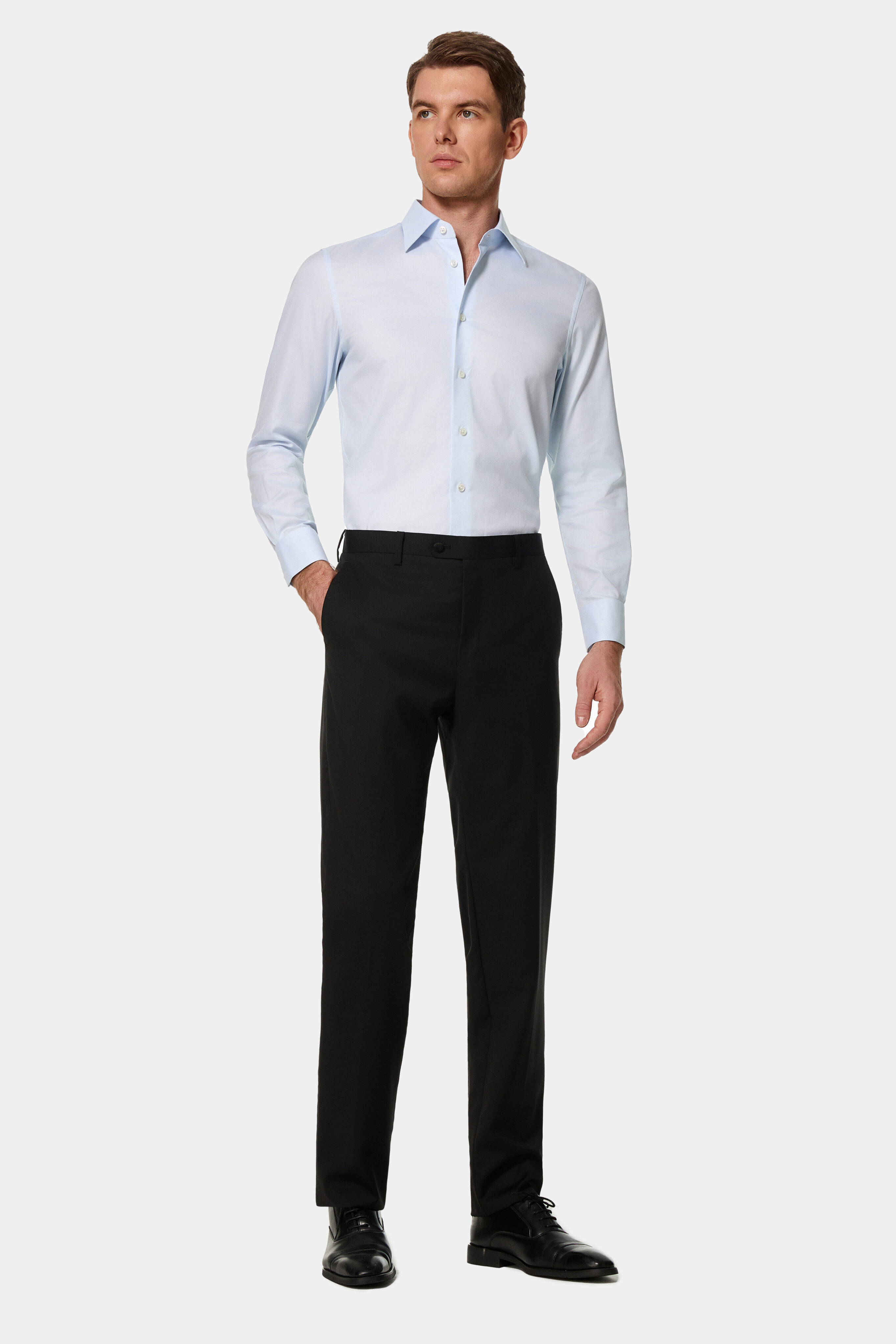 Black Super 150’s tuxedo trousers — front view