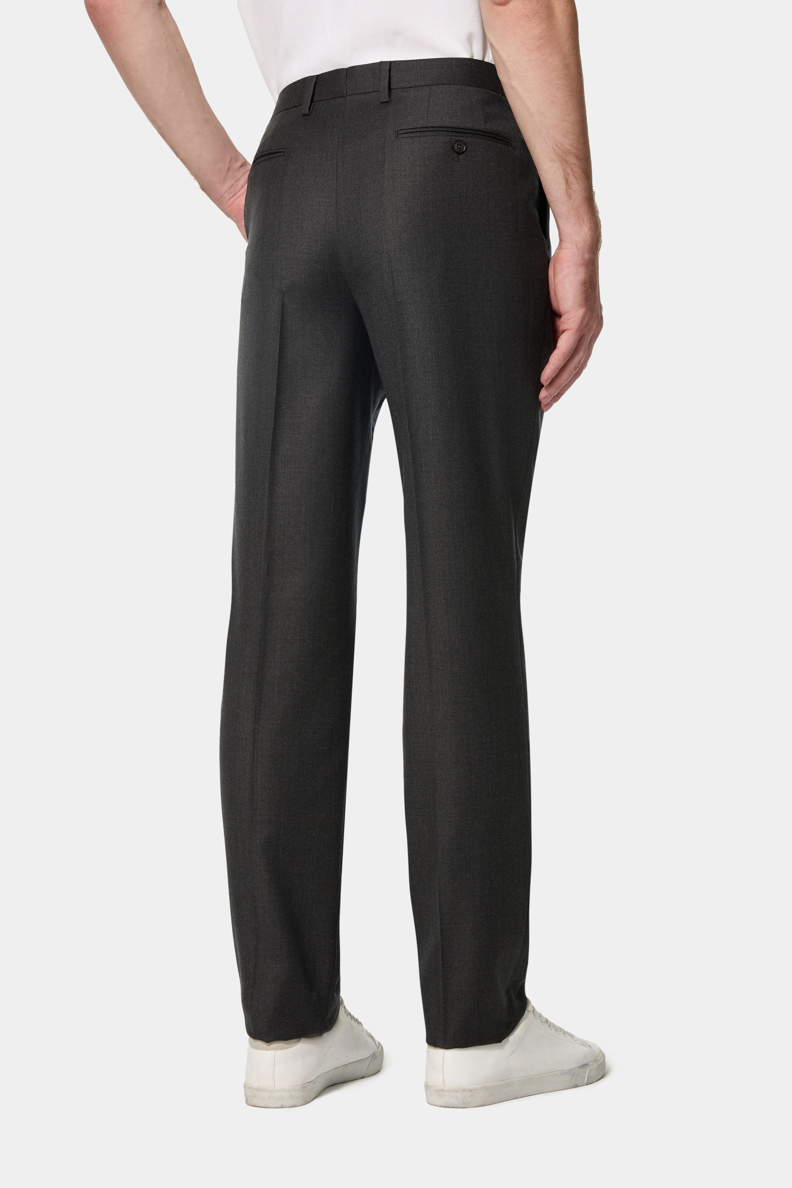 Charcoal Super 150’s trousers — back view with jetted pockets.