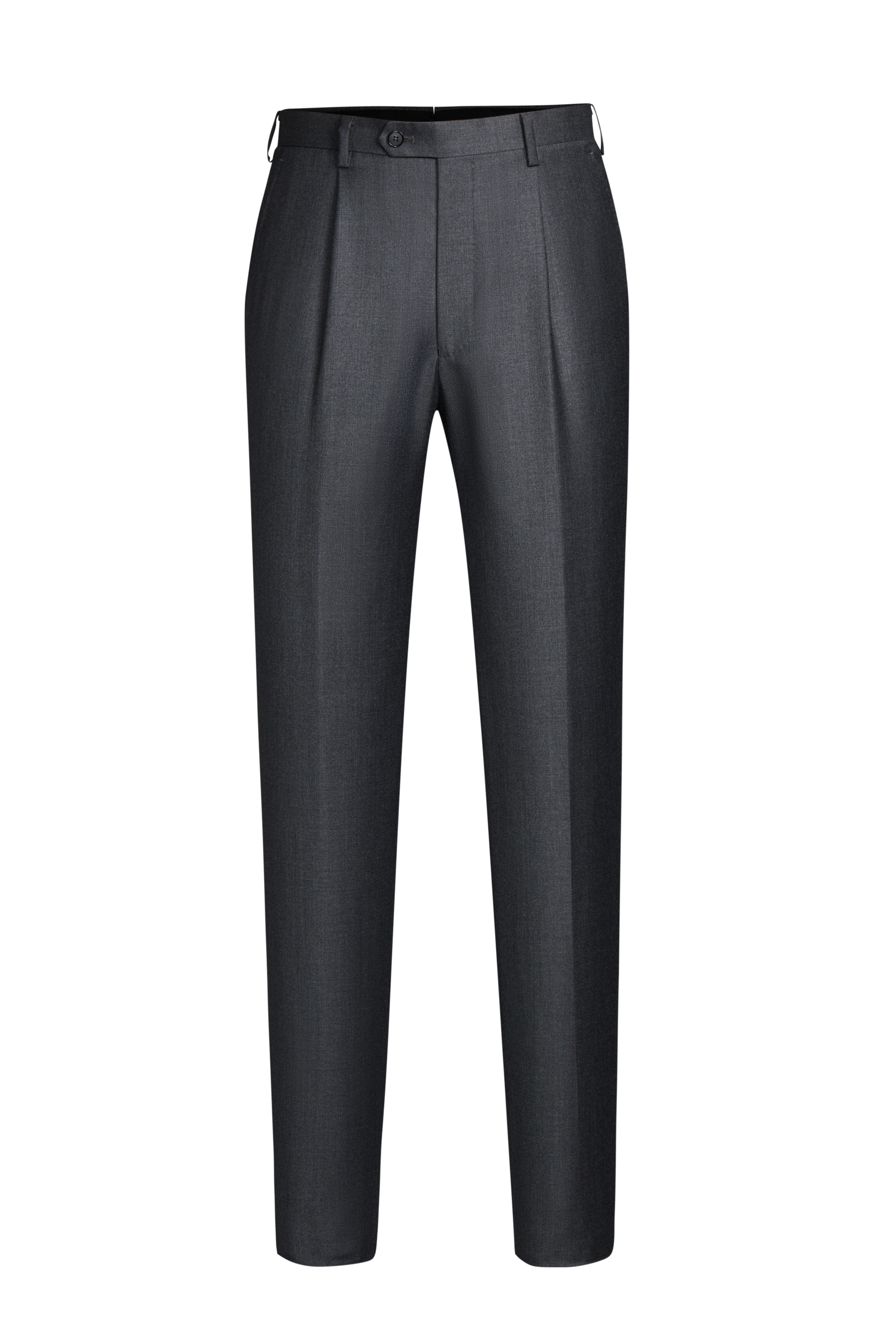 Charcoal Super 150’s single pleat trousers with belt loops — front view.