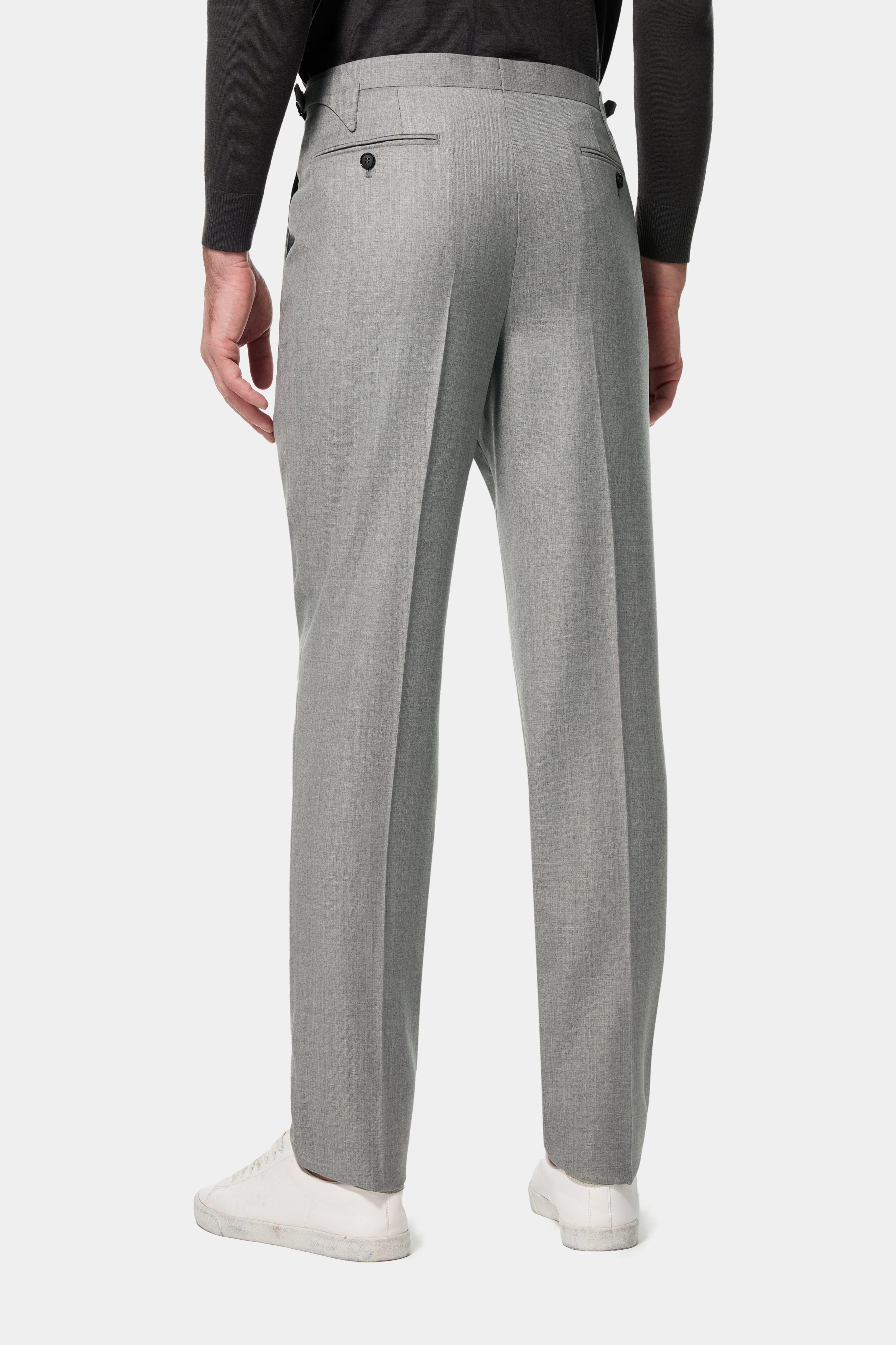 Grey Super 150’s trousers — back view with jetted pockets.