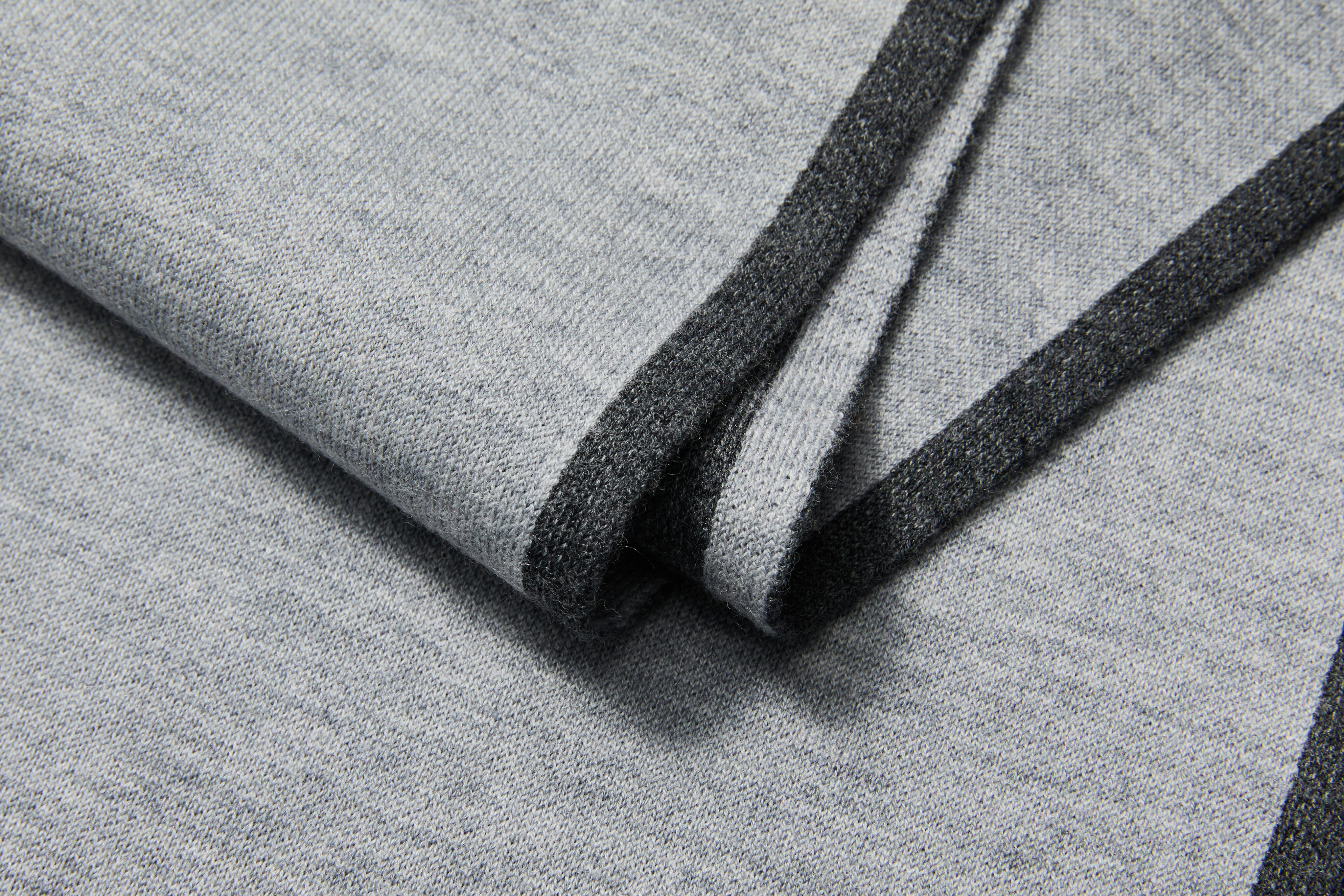 Two-tone light grey and charcoal Alxa cashmere scarf — full view.