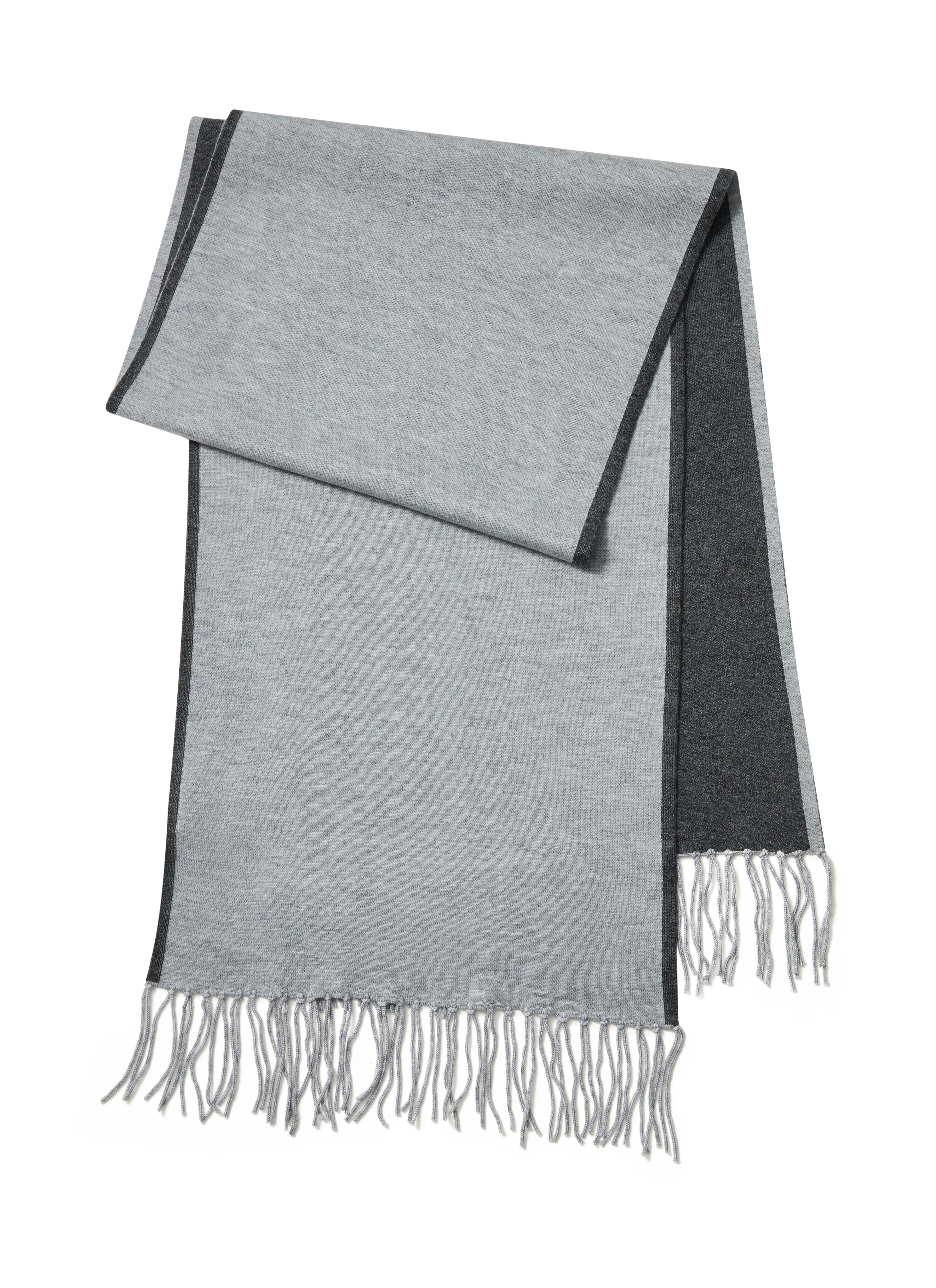 Two-tone light grey and charcoal Alxa cashmere scarf — full view.