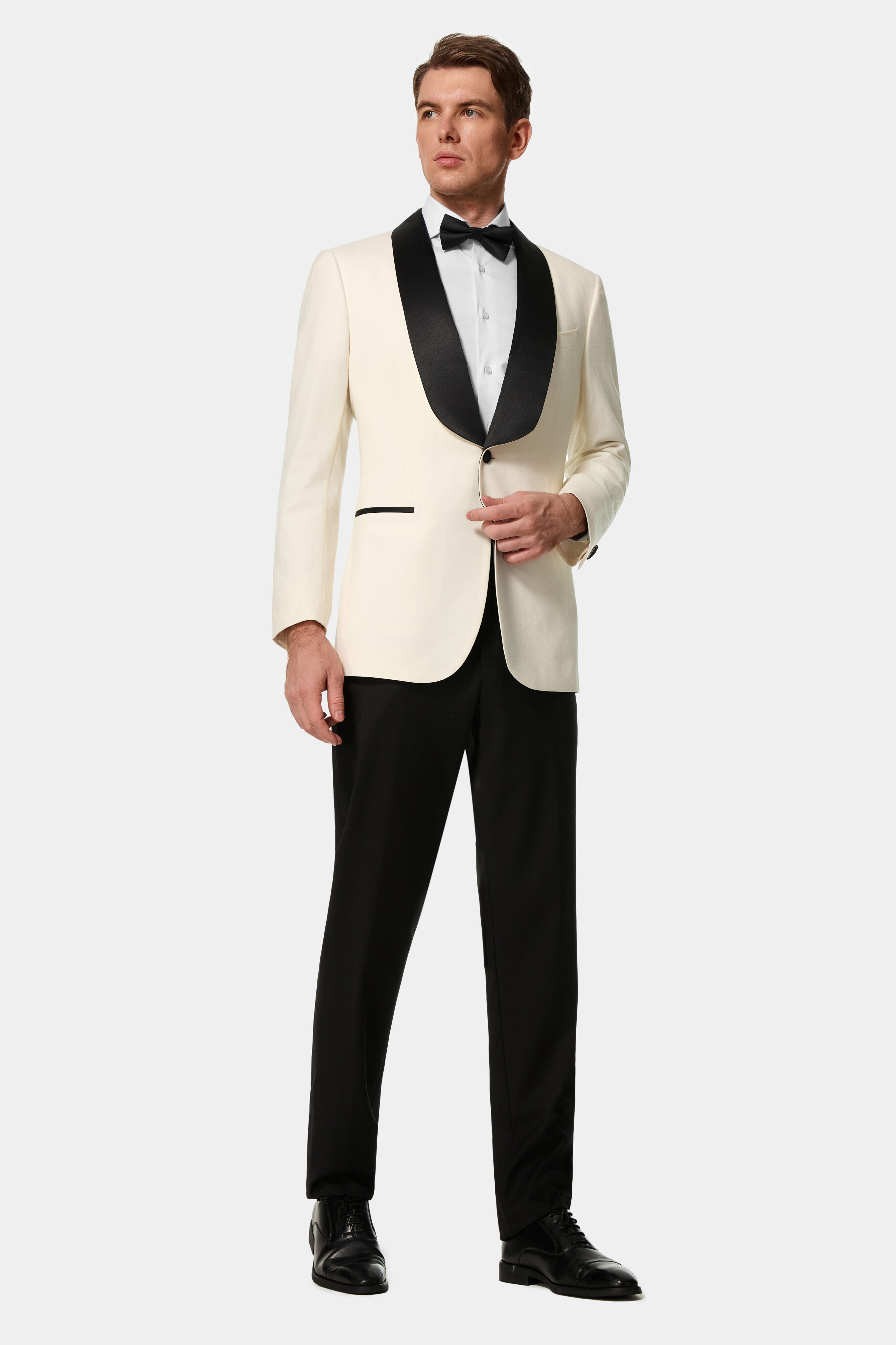 Ivory one-button dinner jacket with black silk shawl collar — front view.