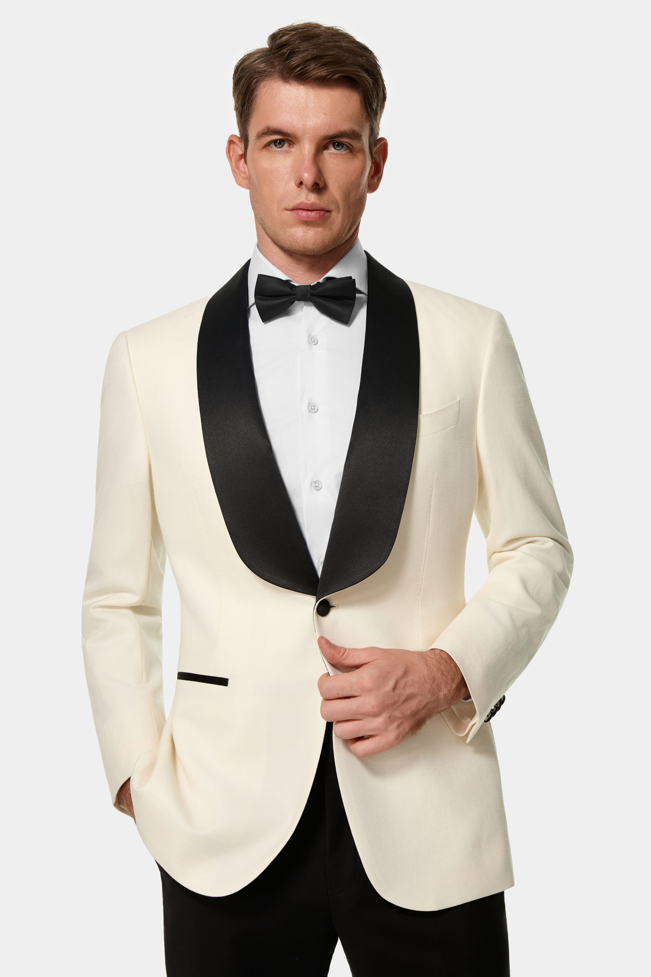 Ivory one-button dinner jacket with black silk shawl collar — front view.