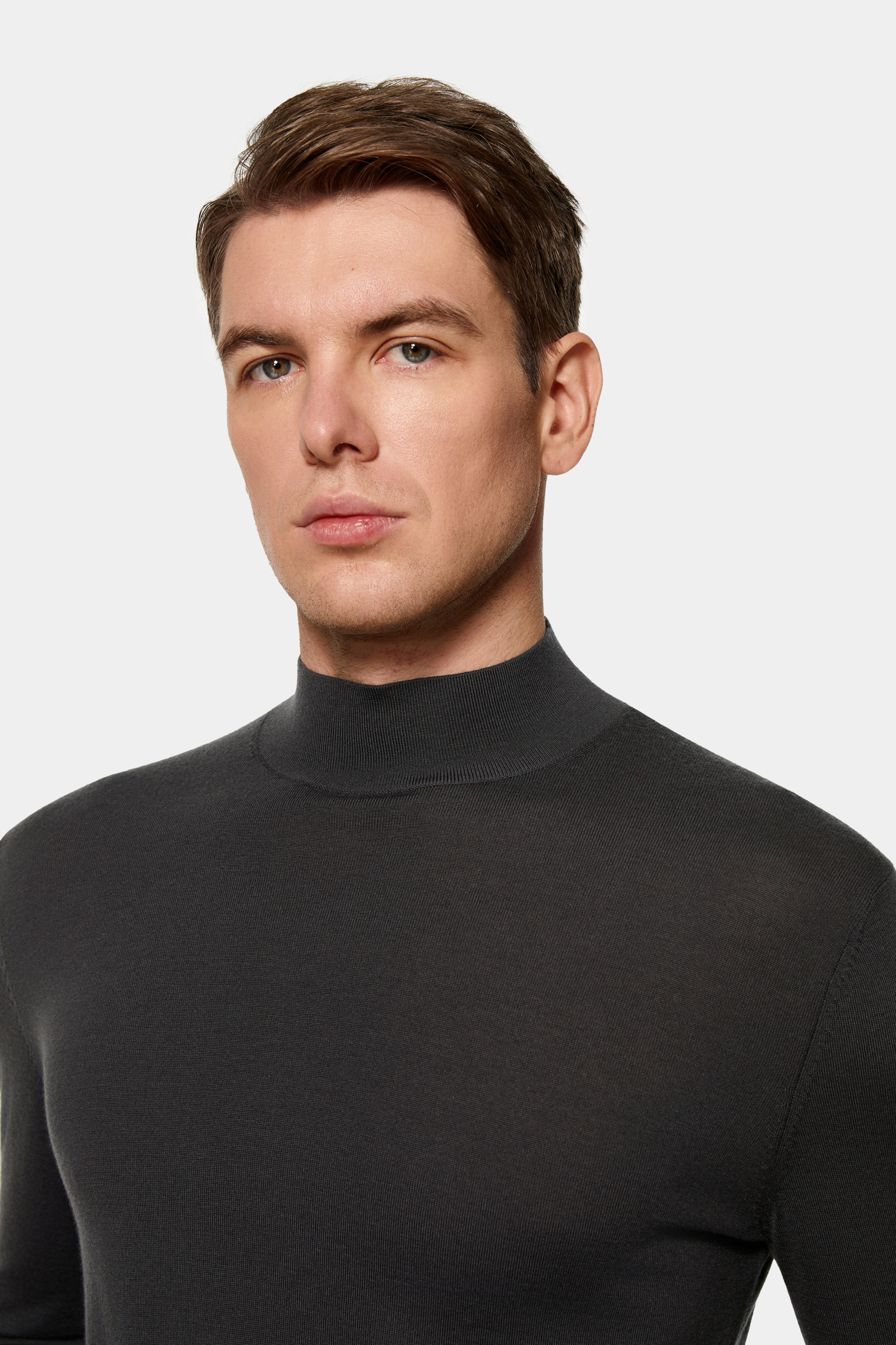Custom mock neck sweater — front view.