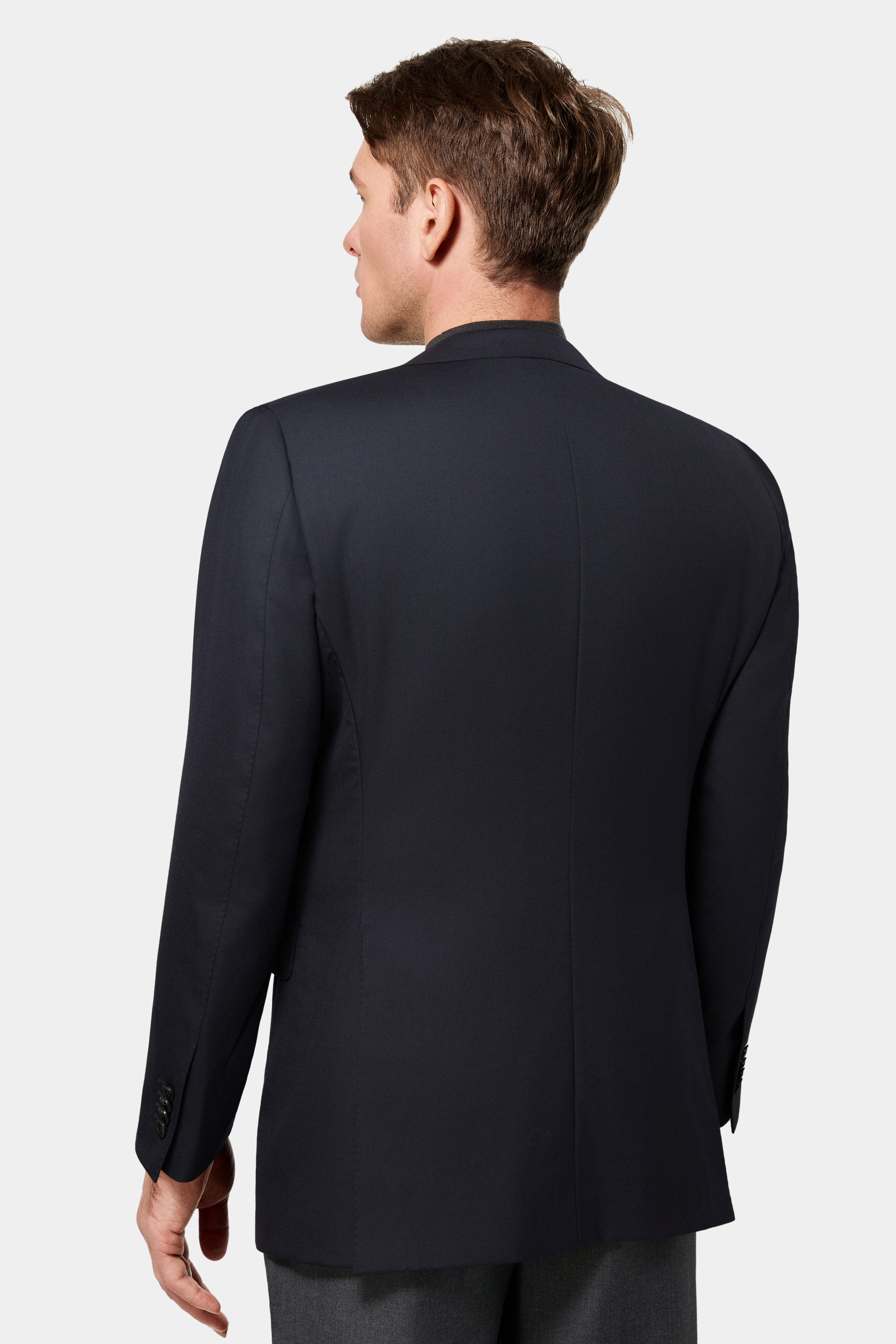 Navy Super 150’s wool suit jacket — back view with side vents.
