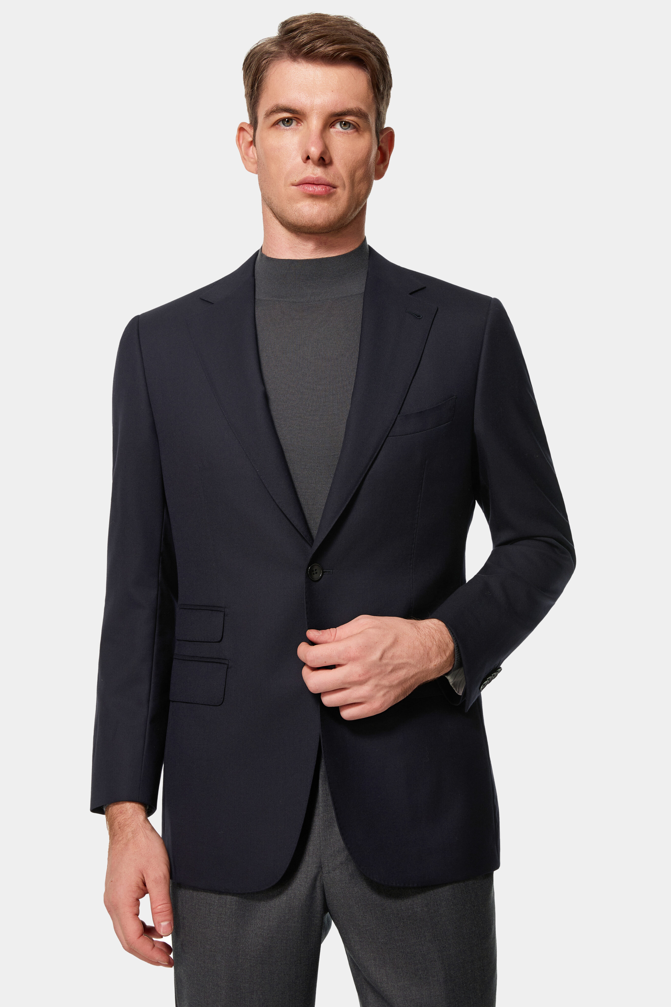 Navy 2-button single-breasted Super 150’s wool suit jacket — front view.