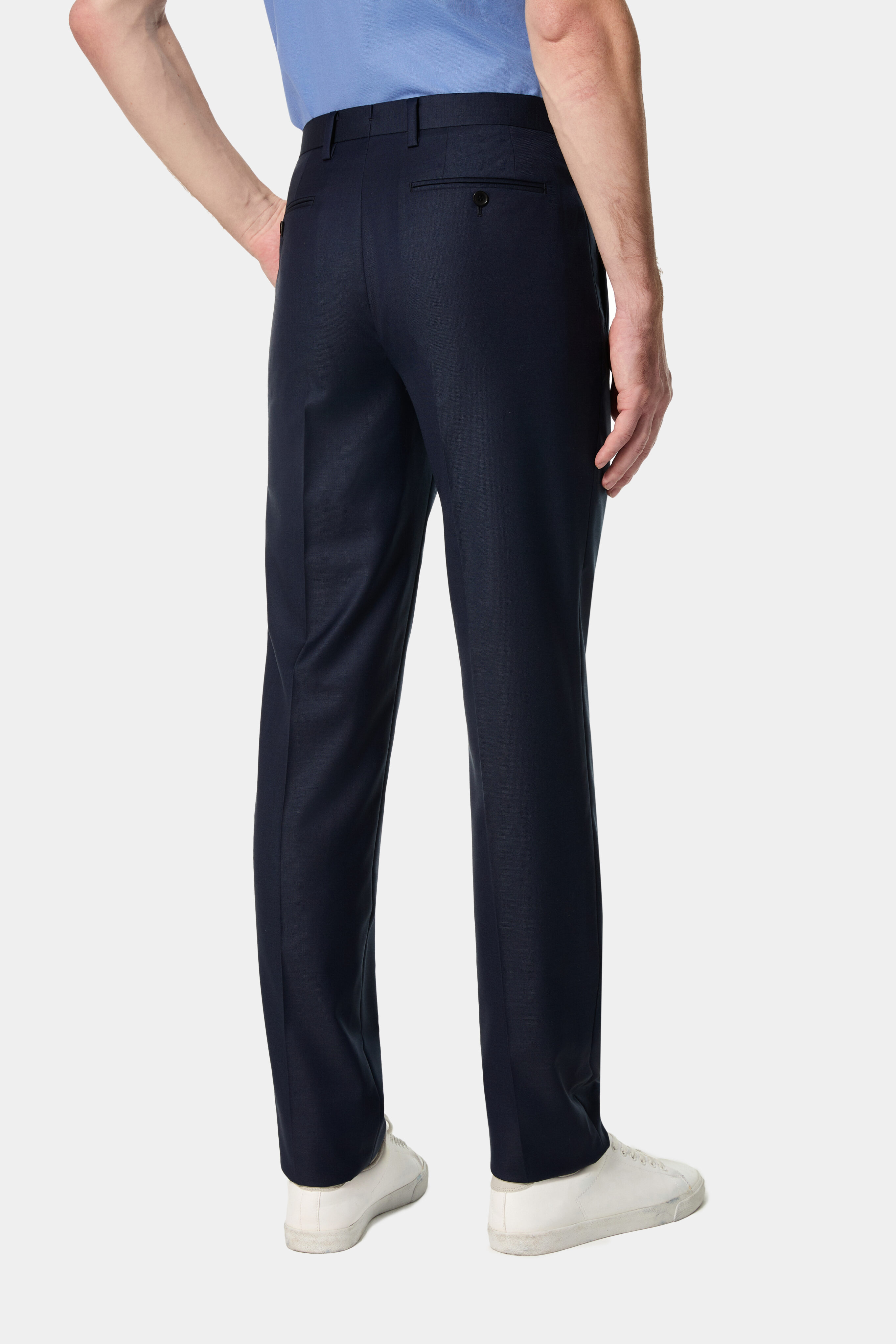 Navy Super 150’s trousers — back view with jetted pockets.