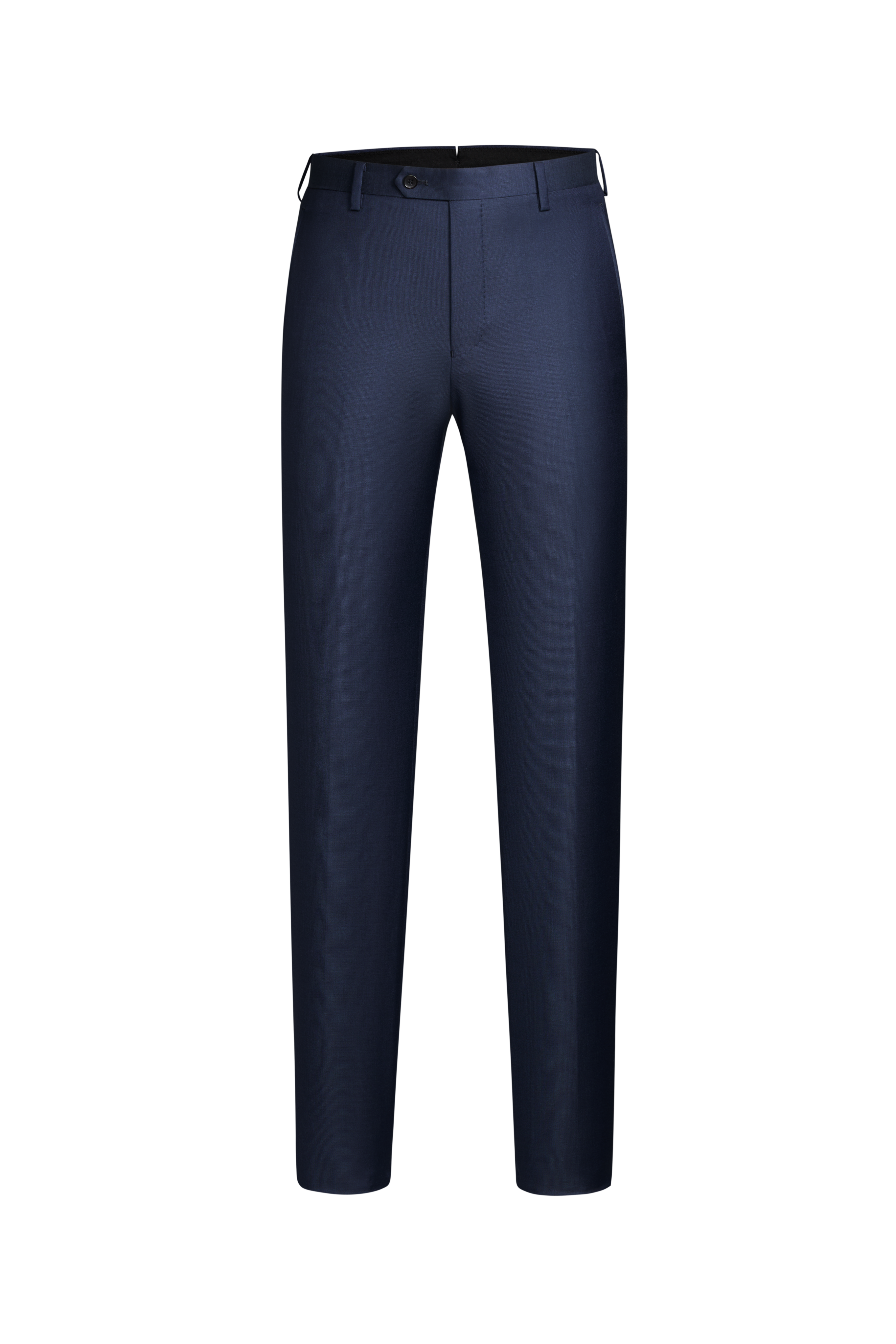 Navy Super 150’s flat-front trousers with belt loops — front view.