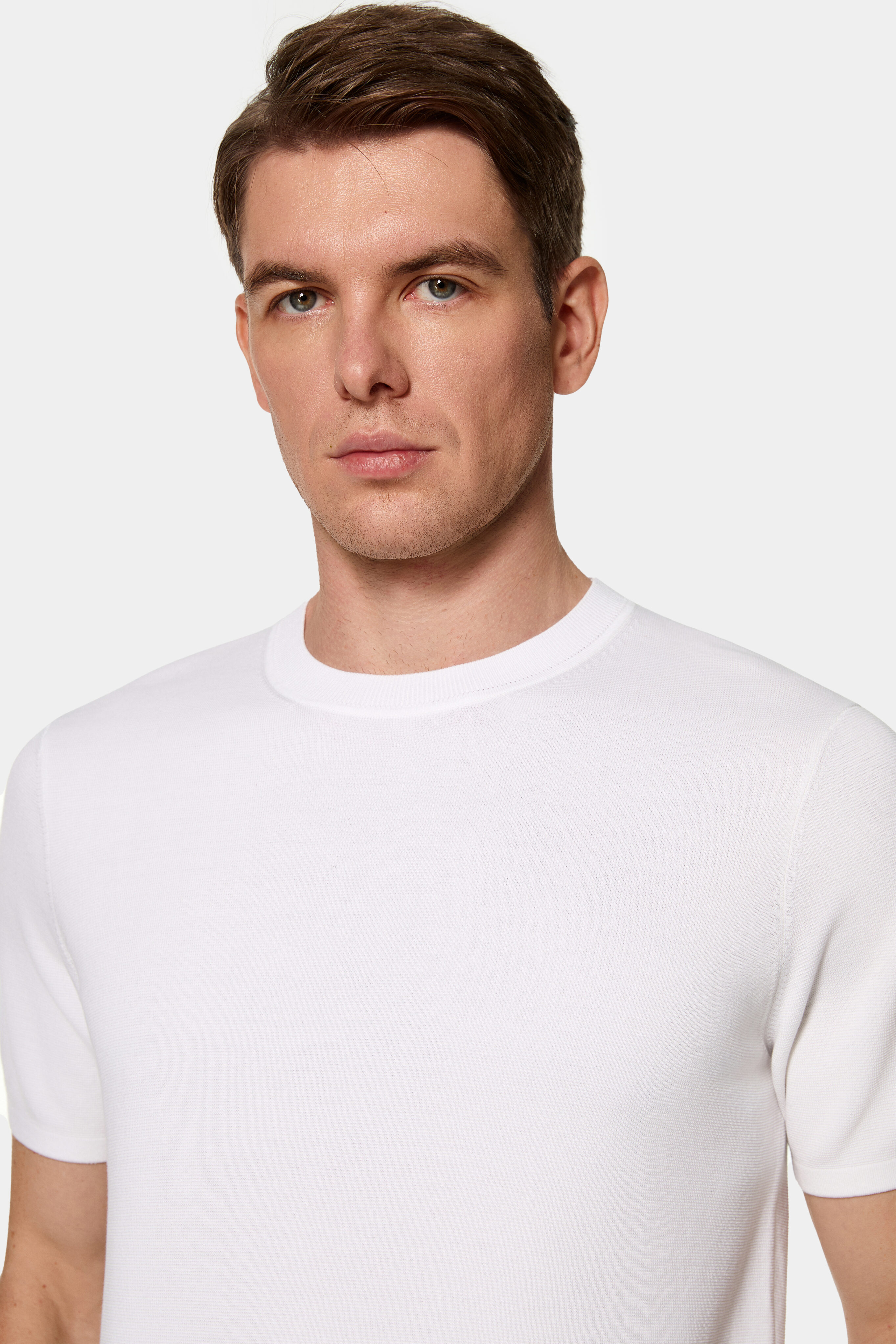 Custom short sleeve crewneck sweater — front view.