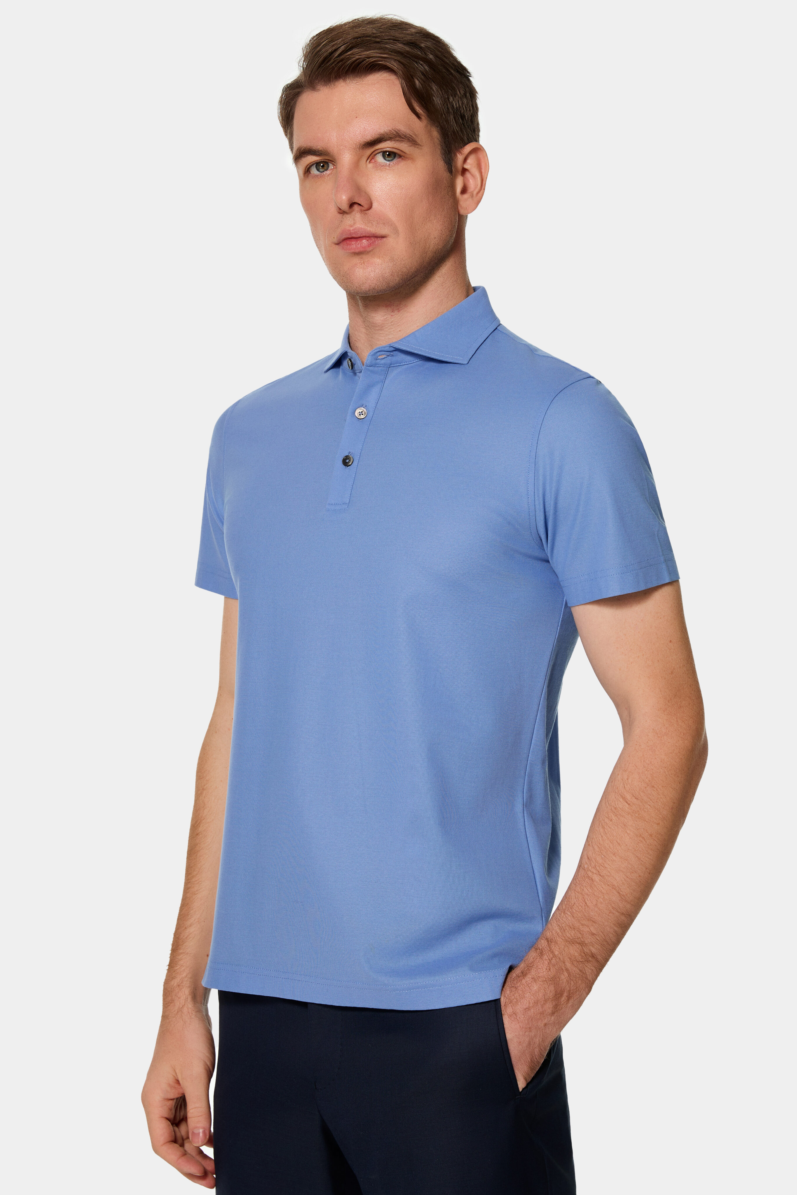 Custom short sleeve polo sweater — front view.