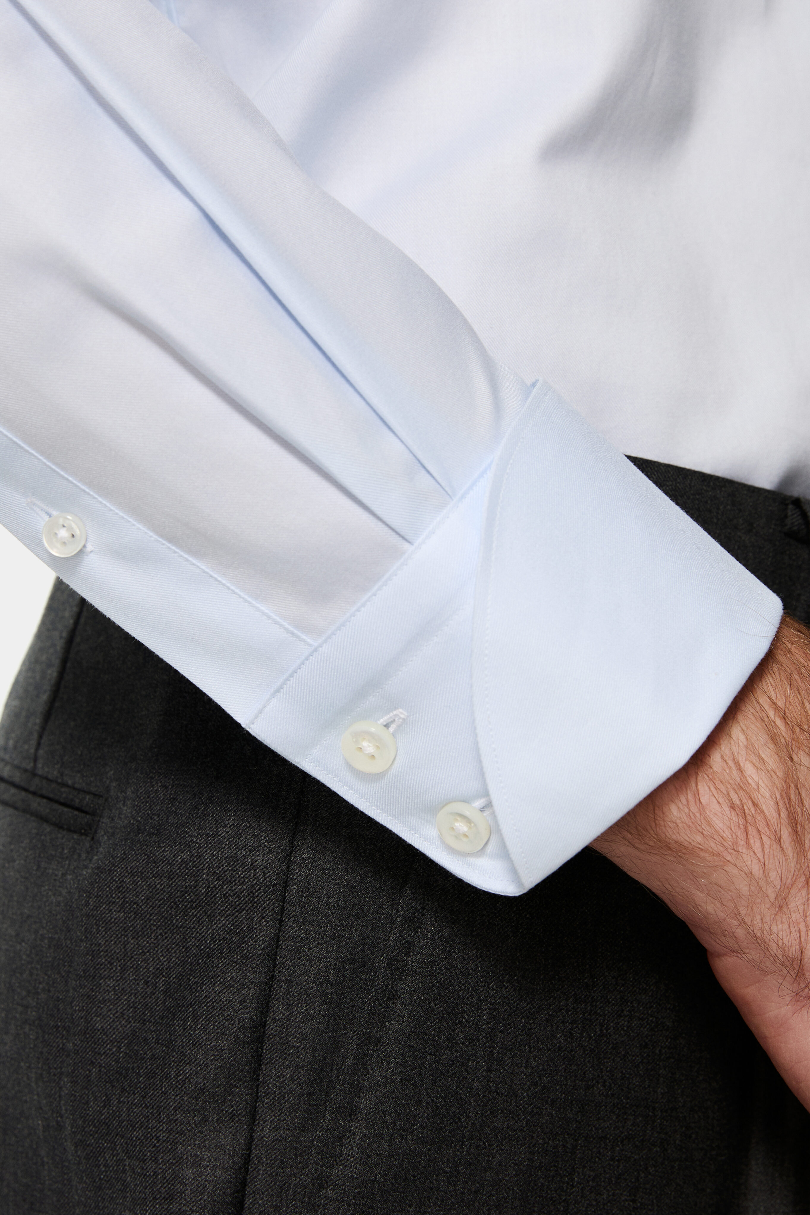 Close-up of two-button turnback cocktail cuff on The Adrien shirt